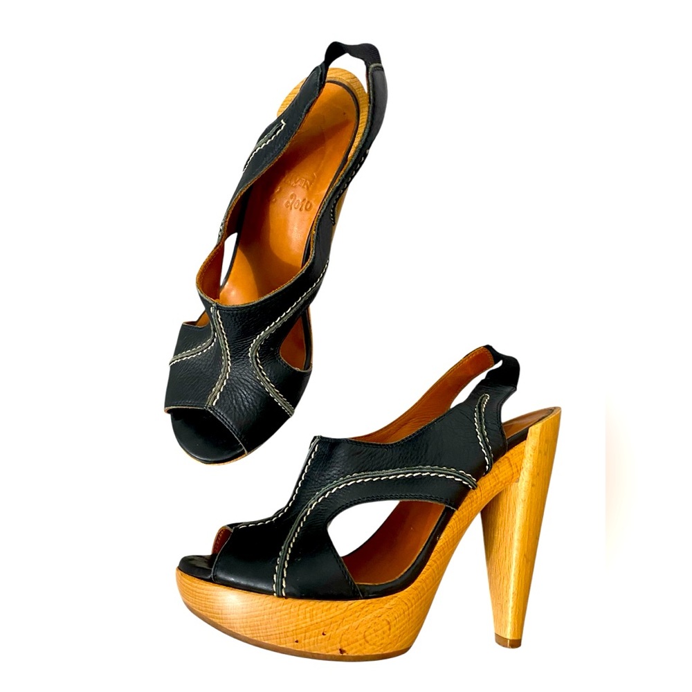 LANVIN 2010 ETE BLACK LEATHER WOOD CONE PLATFORM HEELED SANDALS SIZE 37.5 (7)